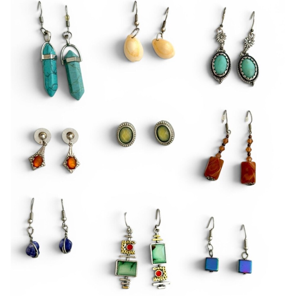 Lot of 9 Pairs Boho Dangle Stud Earrings Turquoise Stone Crystal Shell